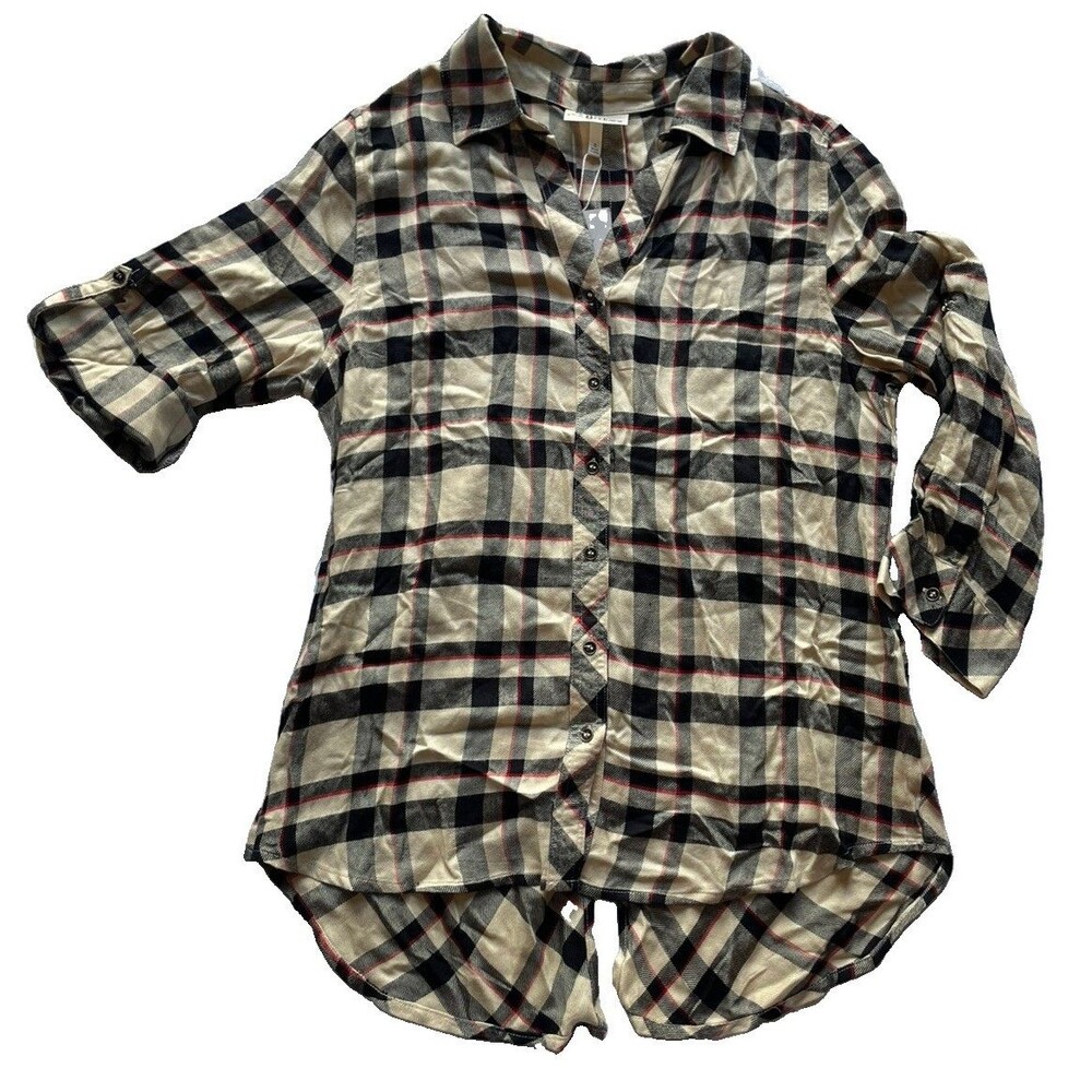 Hester & Orchard Women’s Small S Plaid V Neck Button Front Top 3/4 Sleeve